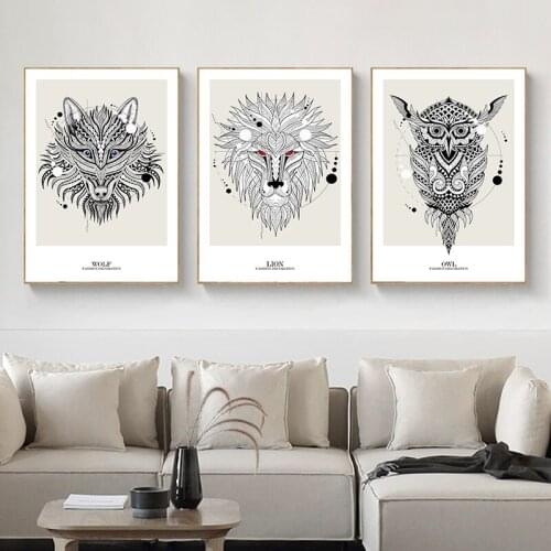 Modern Abstract Animal Canvas Painting 3 Panel Lion Owl Wolf Poster Nordic Print Wall Art Pictures for Living Room Home Decor