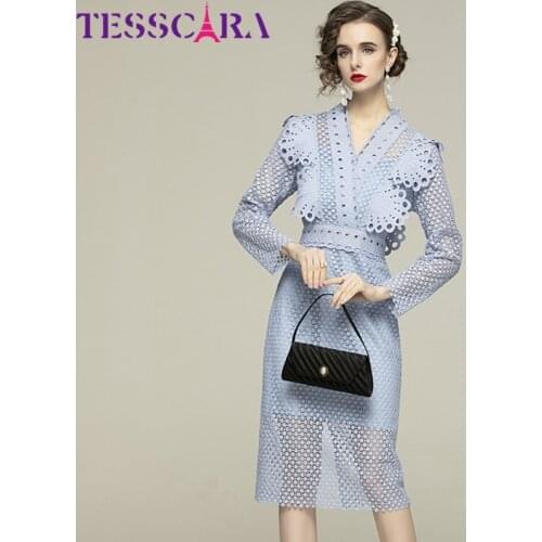 TESSCARA Women Spring Elegant Lace Dress Festa High Quality Wedding Party Robe Femme Vintage Flare Sleeve Designer Vestidos