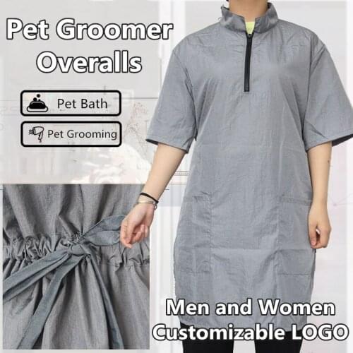 Pet Grooming Gray Long Work Clothes Pet Shop Dog Cat Bath Waterproof Overalls Beautician Salon Apron Custom LOGO G0204