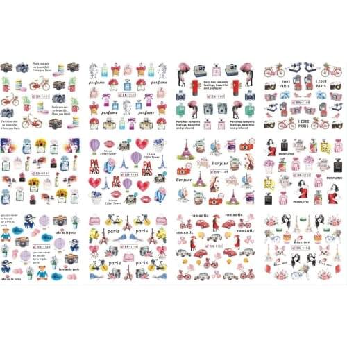 UPRETTEGO 12 PACK/ LOT WATER DECAL NAIL ART NAIL STICKER FULL COVER PARIS STREET EIFEL TOWER FASHION CAMERA BIKE BN1141-1152