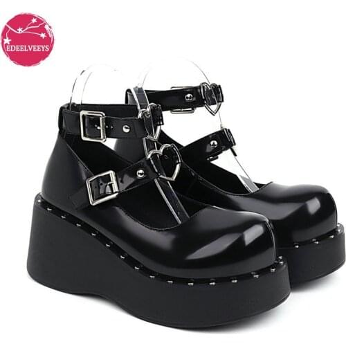 Lolita Punk Ankle Heart Strap Mary Jane Shoes Cute Japanese Lolita Harajuku Gothic Darkness Black Cosplay Ladies Pumps Pearls