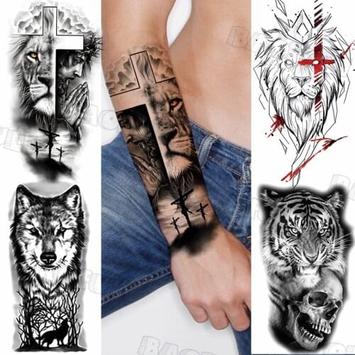Lion Tribal Lion Cross Temporary Tattoos For Men Adult Wolf Skull Punk Realistic Fake Tattoo Sticker Body Art Half Sleeve Tatoos