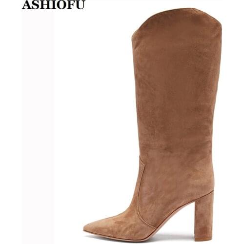 ASHIOFU Handmade Vintage Ladies Chunky Heel Boots Retro Party Prom Mid-calf Boots Winter Evening Fashion Half Boots Shoes MH1428