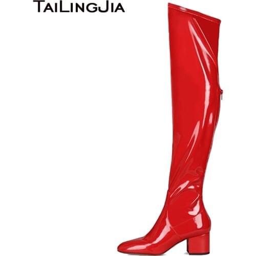Women Red Patent Leather Block Heel Over The Knee High Boots Comfy Low Heel Round Toe Back Zipper Black Stretch Suede Boots 2017