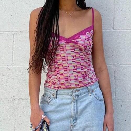 90s Vintage Cute Lace Trim Cami Top Chic Women Plaid Print Y2K Aesthetic Summer Crop Top Sleeveless V-neck Sexy Tanks Vest