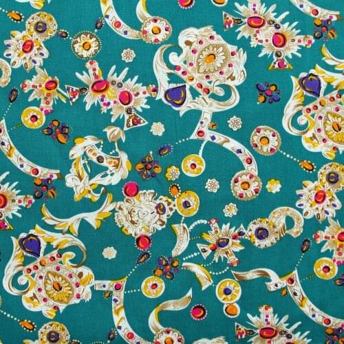 1 yard Cotton Poplin Fabric for sewing pathwork, dress, cloth, bedding - Diamond, crown and tiara on blue green (width=140cm)