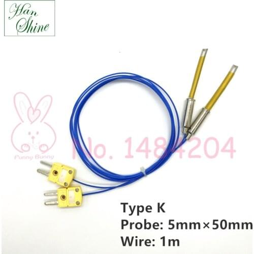2x K Type Thermocouple 0~250 Degree Fork Terminal Ultra Thin Probe 5mm*50mm Slim Temperature Sensor on Surface
