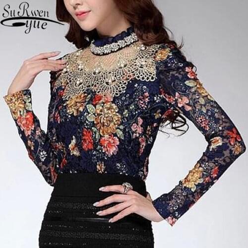 2021 Fashion Womens Blouse Long Sleeve Beading Shirts Vintage Elegant Chiffon Blouse Sexy Hollow Out Stand Collar Blusas 3115