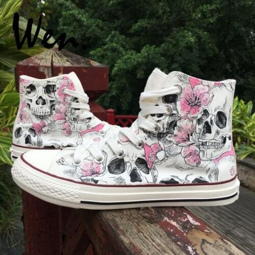 Wen Design Custom Sketch Skulls Pink Flowers Floral Unisex Adult Canvas Sneakers Hand Painted High Top Skateboard Shoes