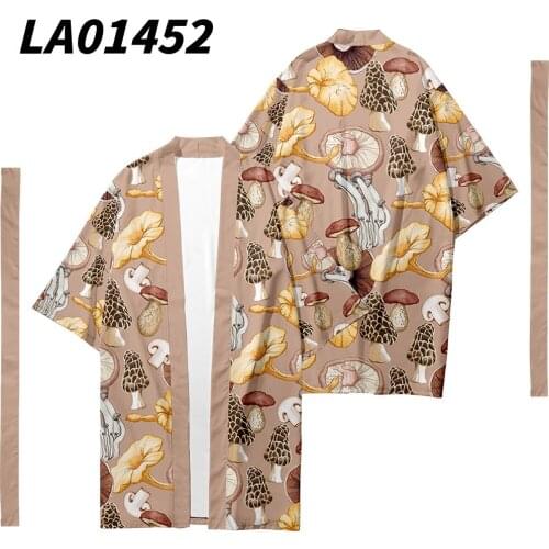 Oversize 6XL Mushroom Printed Long Style Japanese Kimono Cardigan With Belt Couple Women Men Casual Asian Clothes Harajuku