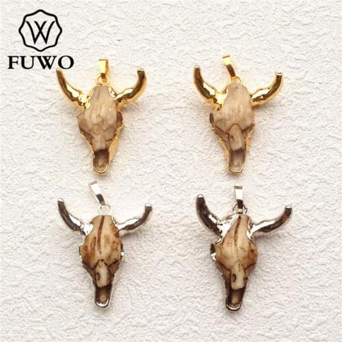 FUWO Small Cattle Skull Pendant 24k Gold Electroplated Resin Western Bull Skull Boho Jewelry Accessories Wholesale PD143