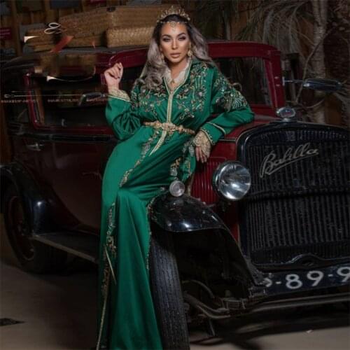 Trendy Moroccan Kaftan Evening Dresses Full Sleeves Beaded Arabic Muslim Prom Dress Long Dubai Party Dress Special Occasion Gown