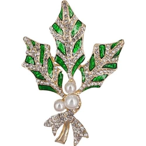 Fashion Promotion Crystal Leaf Brooches Vintage Green Color Brooches For Women Men Shirt Collar Clip Hijab Pin Up Bow Pin Brooch