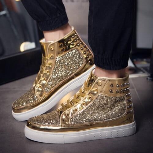 2020 Fashion Brand Gold Luxury Glitter Shoes Men High top Sneakers Sequin Streetwear Hip Hop Mirrors Sneakers chaussures homme