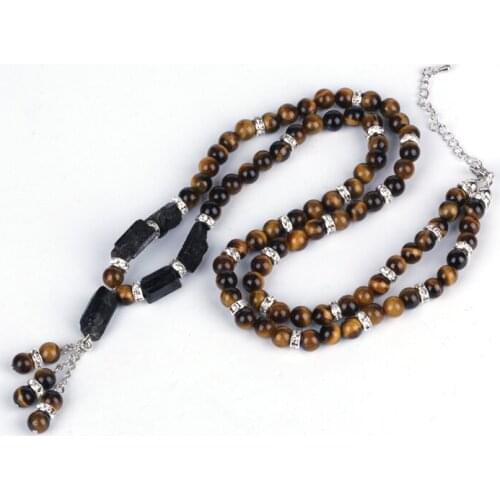 Natural Healing Rough Tourmaline Stone Charm Black Hematite Beads Tiger Eye Chain Rhinestone Necklace For Unisex Women Man 2020