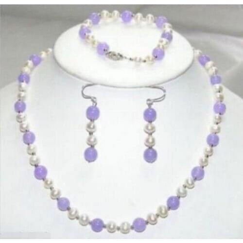 New hot Fashion Jewellery white freshwater pearl purple jade necklace bracelet earrings