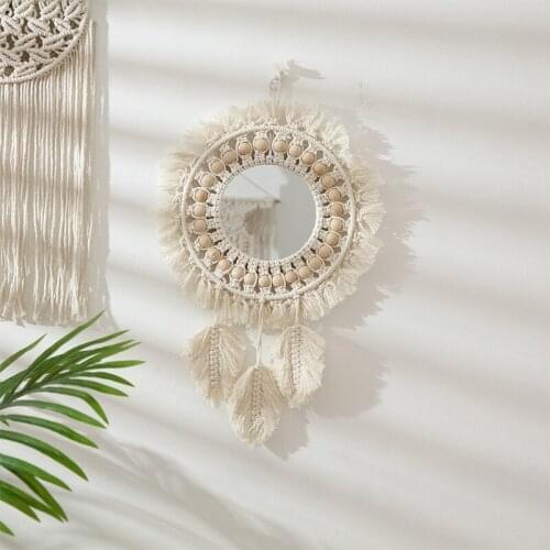 Woven Hanging Wall Mirror Boho Macrame Leaf Pendant Art Decoration for Apartment Living Room Bedroom Baby Nursery