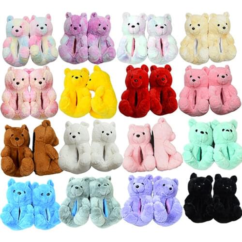 Women Teddy Bear Slippers Winter Warm Furry Floor Slides Thick-Soled Non-Slip Plush Slippers Cartoon Cute Home Shoes One Size