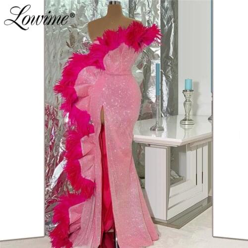 Deep Pink Feathers Mermaid Evening Dresses Long Red Carpet Party Dress 2020 Newest Arabic Prom Dress Robe De Soiree Evening Wear