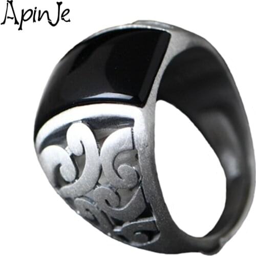 Apinje Black Agate Ring Men Women Vintage Stone Rings Signet Hip Hop Rock Gift Opening Size 7 to 11