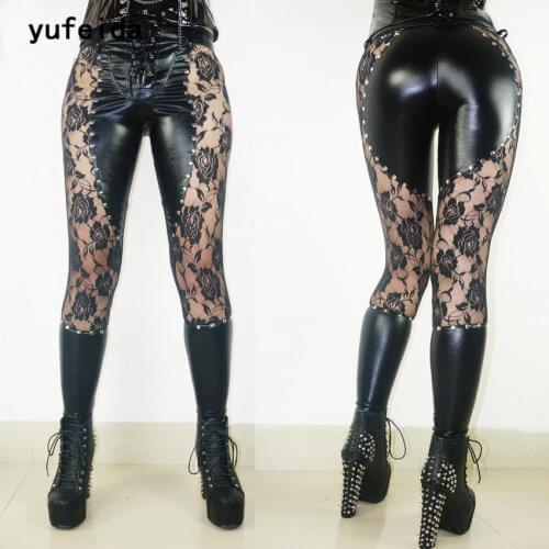 YUFEIDA Super Sexy Women Black Pencil Pants Female PU Leather Metal Erotic Lace Skinny Trousers Female Intimate Sex Products