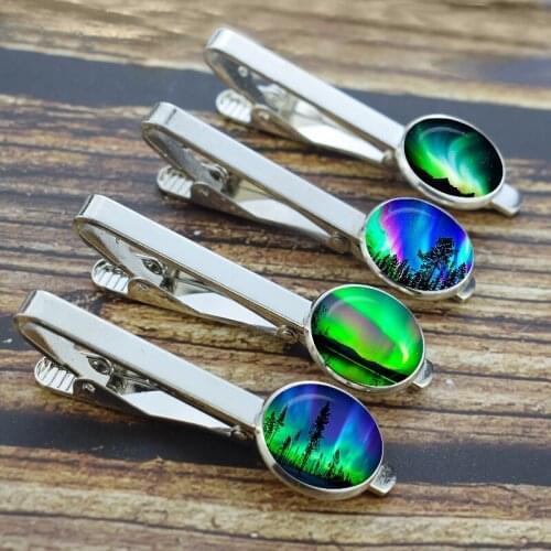 Northern Lights Planet L Alloy Tie Clip Men Wedding Bar Clasp Clip Gentleman Glass Tie Pin for Mens Jewelry Gift