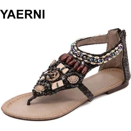 YAERNI2019Summer Shoes Women Sandals Bohemian Beading Crystal Sandalias Female Bead Pendant Flip Flops Beach Shoes Size35-40E846