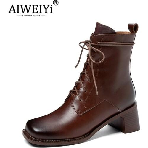 AIWEIYi Square toe Lace Up Genuine Leather Woman Boots Black Brown Cowboy Shoes Woman