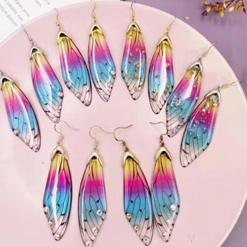Origin Summer Trendy Clear Rainbow Resin Cicada Wings Drop Earring for Women Butterfly Gradient Pink Blue Sequins Earrings Gifts