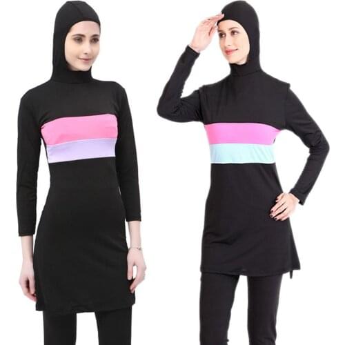 Women Long Sleeve Muslim Swimwear Solid Color Patchwork Hooded Hijab Arabic Islamic Swimsuit Plus Size Summer Beach Bathing Suit