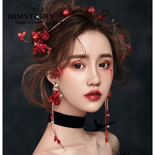 HIMSTORY Handmade Sweet Crystal Beads Hairband Women Bride Red Flower Hair Tiara Charming Fascinator Wedding Hair Accessories