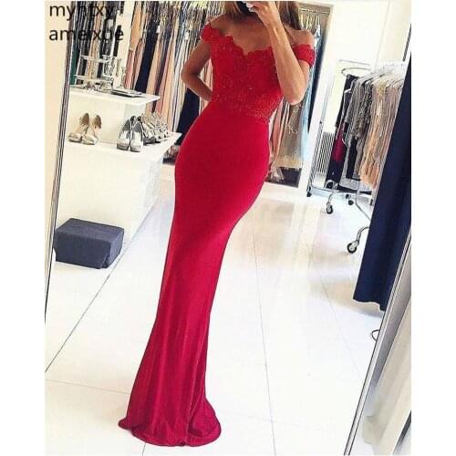 2020 Red And Green And Pink Evening Dresses V-neck Off The Shoulder Floor Length Mermaid Spandex Applique Long Plus Size Prom
