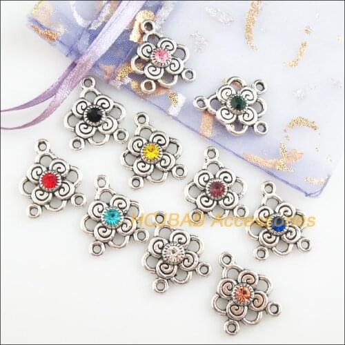 20Pcs Tibetan Silver Tone Retro Flower Mixed Crystal Charms Connectors 17x20.5mm