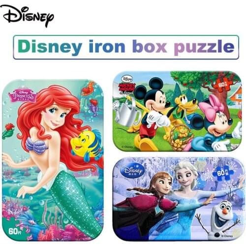 60pcs Disney Mickey Frozen Princess Wooden Cartoon Puzzle Toy With Iron Box Montessori Baby Early Education Gift For Boys Girls