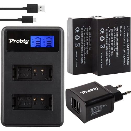 PROBTY 2PCS LP-E12 LP E12 LPE12 Camera Battery + LCD Charger + 2-Port US For Canon EOS M M2 100D Rebel SL1 Kiss X7
