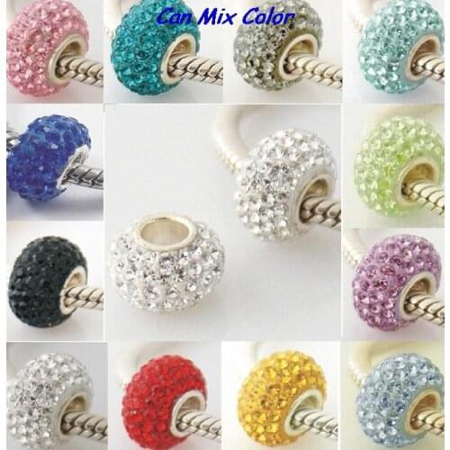 Ytr3g Mixed 14mm x10mm Silver Plated Core Big Hole European Beads Resin Charm Bracelets Rhinestone crystal