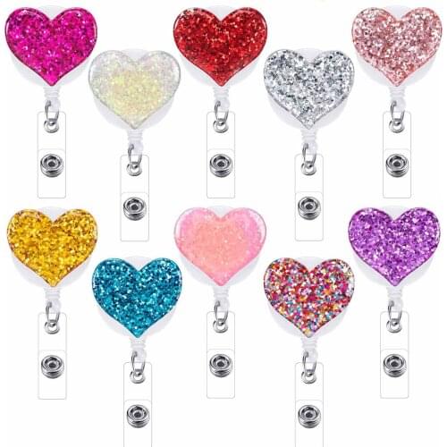 10 Pcs Bling Love Heart Retractable Badge Holder Badge Clips for Nurse ID Badge Reel with Alligator Clip