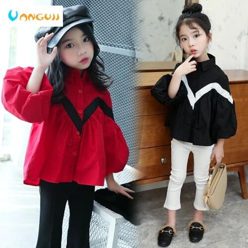 Girls blouse Spring and Autumn Cotton Shirts Loose casual lantern sleeves pleated hem fashion V-shaped stitching all match tops