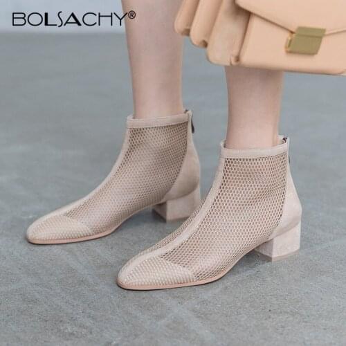 Fashion Womens Summer Round toe Hollow Mesh Ankle Boots Martin boots Sandals Sexy Thick Heel Lady Platform zip Shoe Female 32-43