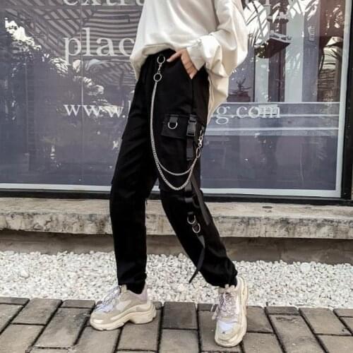 Sweatpants Womens Cargo Pants with Chain Korean Loose BF Student Harajuku Streetwear Hip Hop Harem Black Baggy Casual Pants