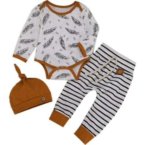 Focusnorm 0-24M 3Pcs Newborn Baby Boy Clothes Set Cotton Top Romper Striped Pants Leggings Hat Outfit Clothes Set