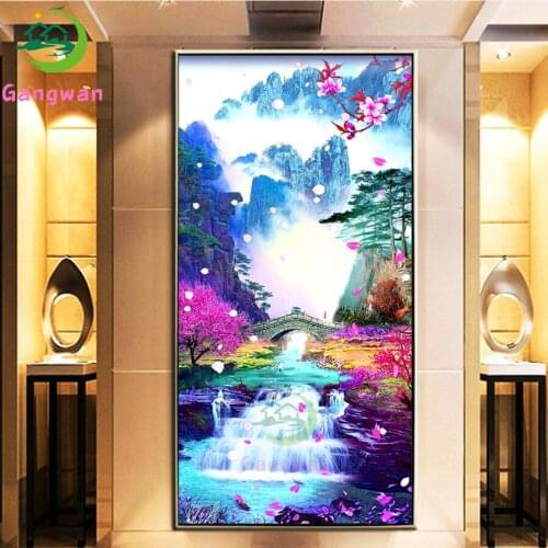 Beautiful waterfall 5d Diy diamond painting round square drill mosaic Cherry blossoms and mountains embroidery Handicraft gift