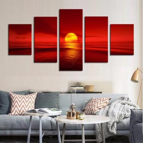 Canvas Paintings Modular Home Decor 5 Pieces Sunset Red Sun Sea Natural Landscape Poster Seascape Pictures Living Room Wall Art