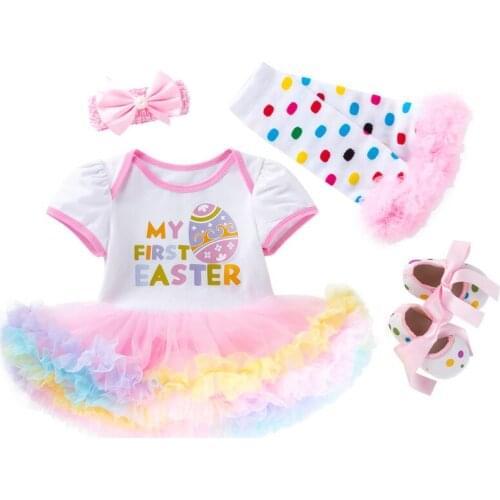 Baby Girls Easter Clothes Set New Princess My First Easter Girls Party Clothes Dress+Headband+Sock+Shoes 4Pcs Kids Costume