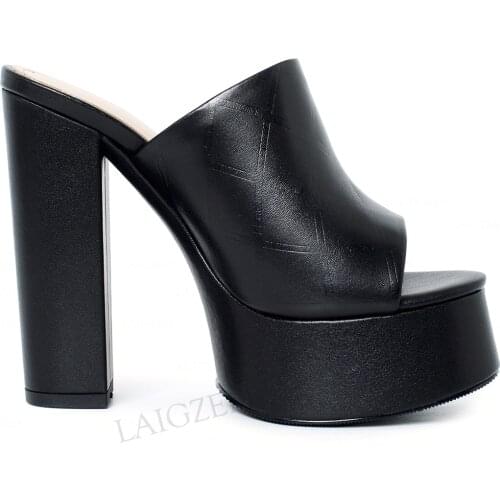 LAIGZEM Women Pumps Chunky High Heels Slides Party Sandals Genuine Leather Mules Spring Summer 2021 Shoes Woman Size 33 38 39 41
