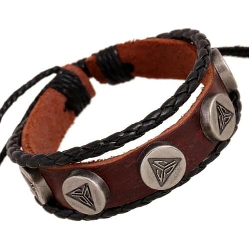 Fashion Punk Men Jewelry Rock Triangle Beads Charm Leather Cuff Bracelet Bangle Wrap Vintage Retro Gothic Women Wristbands Gift