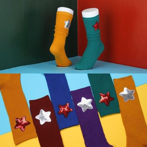 Stars Sequin Socks Women Handmade Chic Streetwear Hosiery Fashion Candy Color Soft Long Women Socks Hip Hop Happy Sock