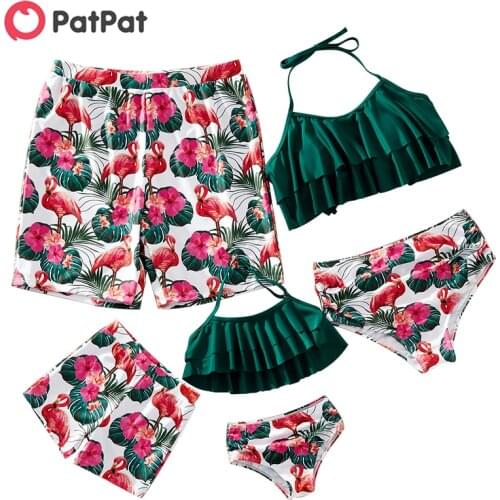 PatPat 2021 New Summer Family Look Floral and Flamingo Print Ruffled Matching Swimsuits