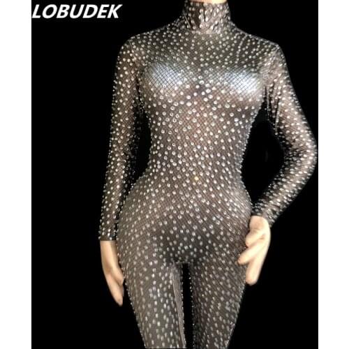 Rhinestones Sexy Leotard Jumpsuit Spandex High Stretch Sparkly Crystals Bodysuit Nightclub Women DJ Singer Bar Party Costume