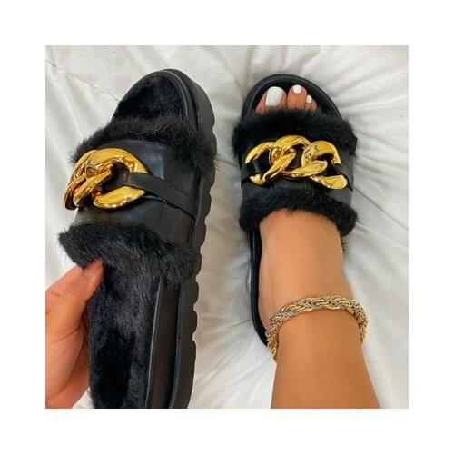 Plush Slippers Women Summer Fashion Open Toe Womens Sandals Solid Color Metal Chain Slides Outdoor Casual Womens Shoes Plus